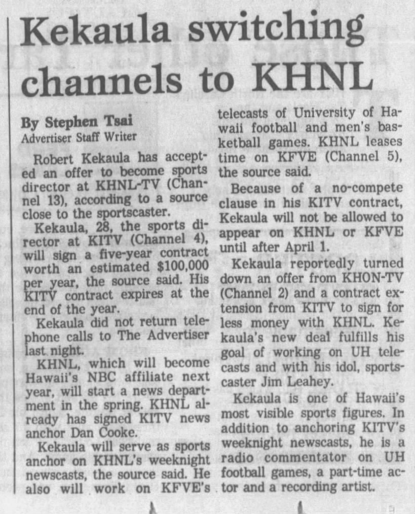 Kekaula switching channels to KHNL