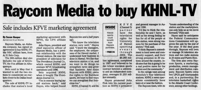 Raycom Media to buy KHNL-TV: Sale includes KFVE marketing agreement