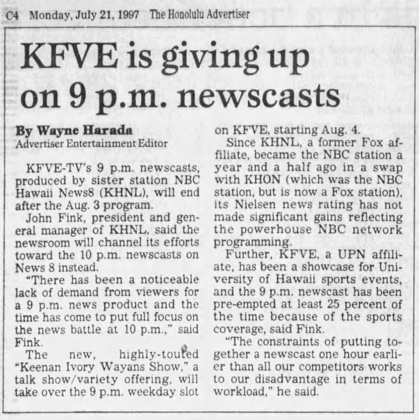 KFVE is giving up on 9 p.m. newscasts
