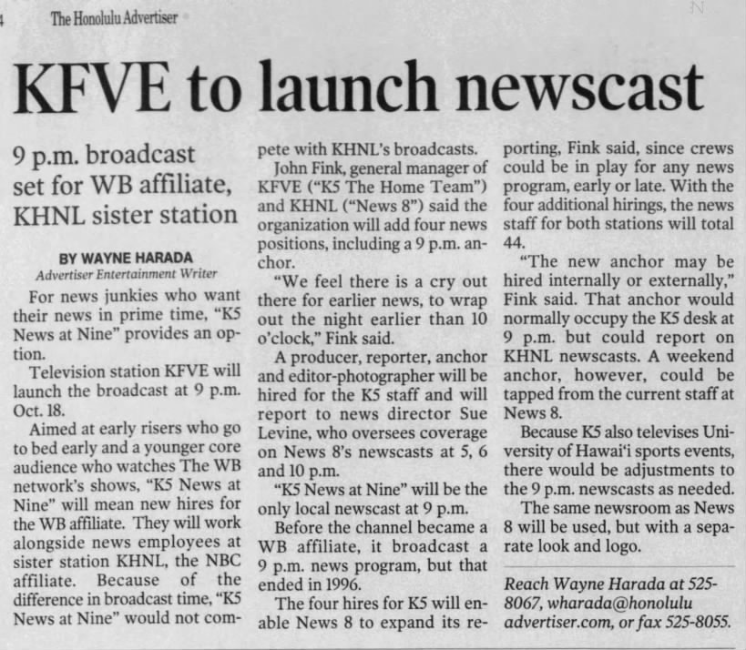 KFVE to launch newscast: 9 p.m. broadcast set for WB affiliate, KHNL sister station