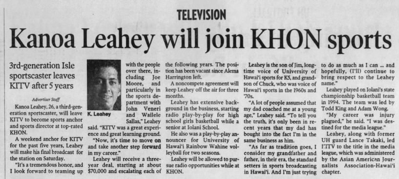Kanoa Leahey will join KHON sports: 3rd-generation Isle sportscaster leaves KITV after 5 years