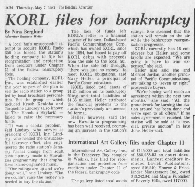 KORL files for bankruptcy