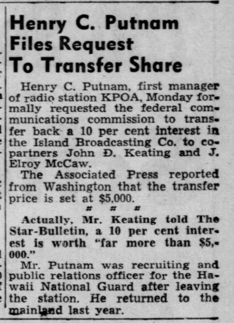 Henry C. Putnam Files Request To Transfer Share