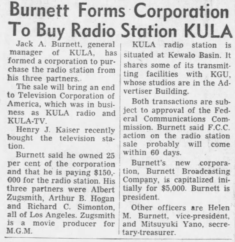 Burnett Forms Corporation To Buy Radio Station KULA