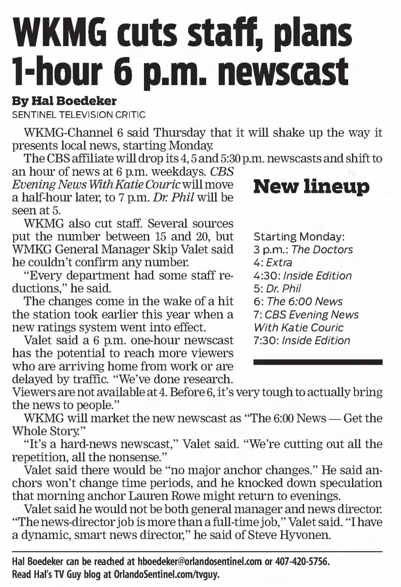 WKMG cuts staff, plans 1-hour 6 p.m. newscast