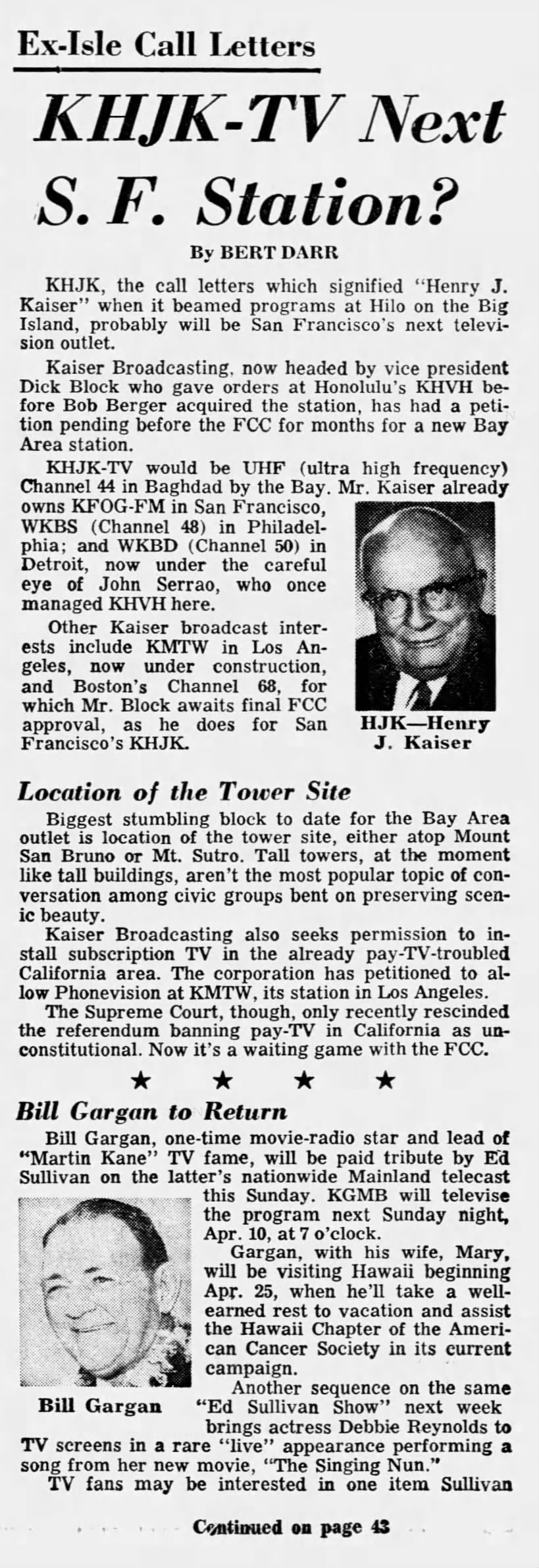 Ex-Isle Call Letters: KHJK-TV Next S. F. Station?