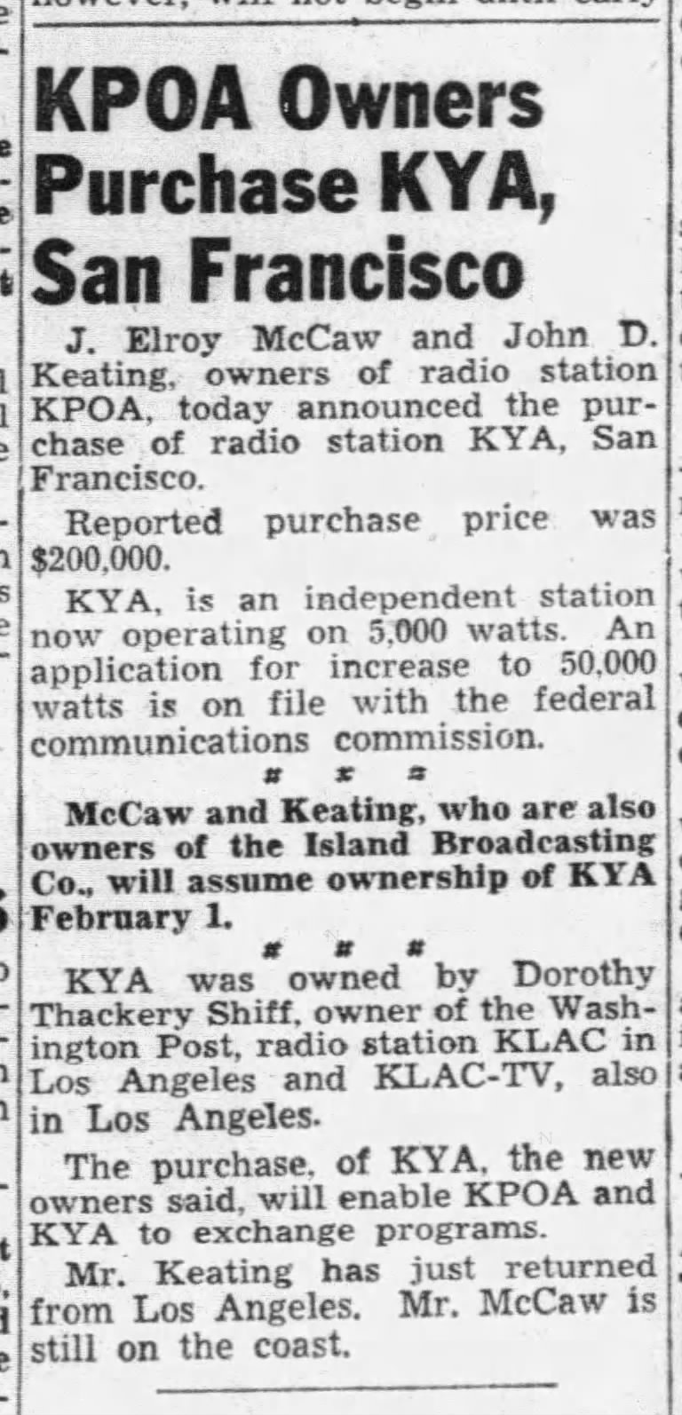KPOA Owners Purchase KYA, San Francisco