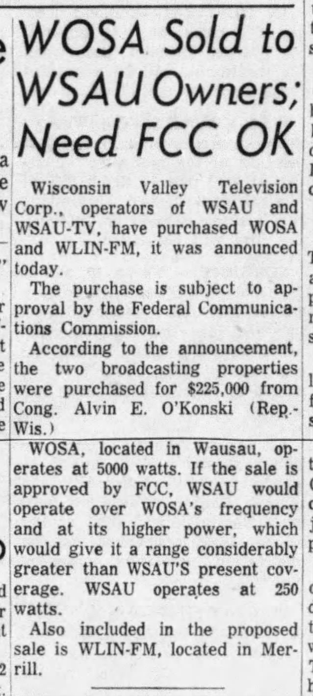 WOSA Sold to WSAU Owners; Need FCC OK