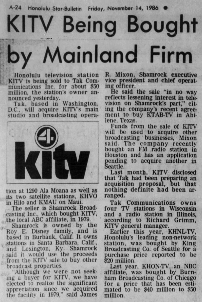 KITV Being Bought by Mainland Firm
