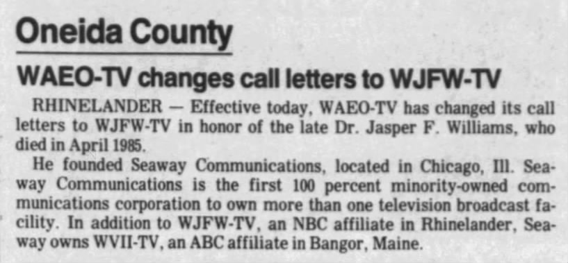 WAEO-TV changes call letters to WJFW-TV