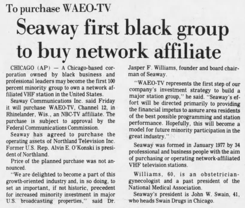 To purchase WAEO-TV: Seaway first black group to buy network affiliate