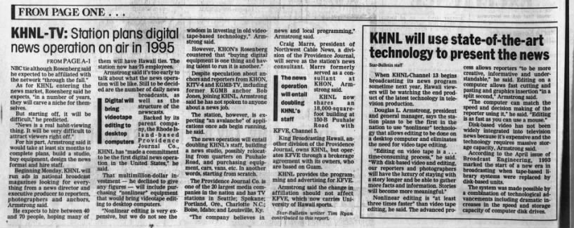 KHNL-TV: Station plans digital news operation on air in 1995