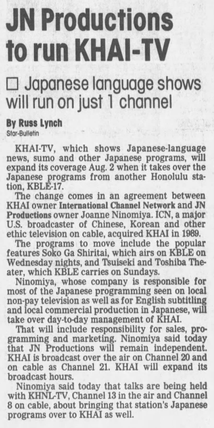 JN Productions to run KHAI-TV: Japanese language shows will run on just 1 channel