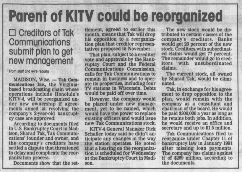 Parent of KITV could be reorganized: Creditors of Tak Communications submit plan to get new manageme