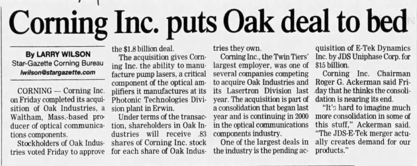 Corning Inc. puts Oak deal to bed