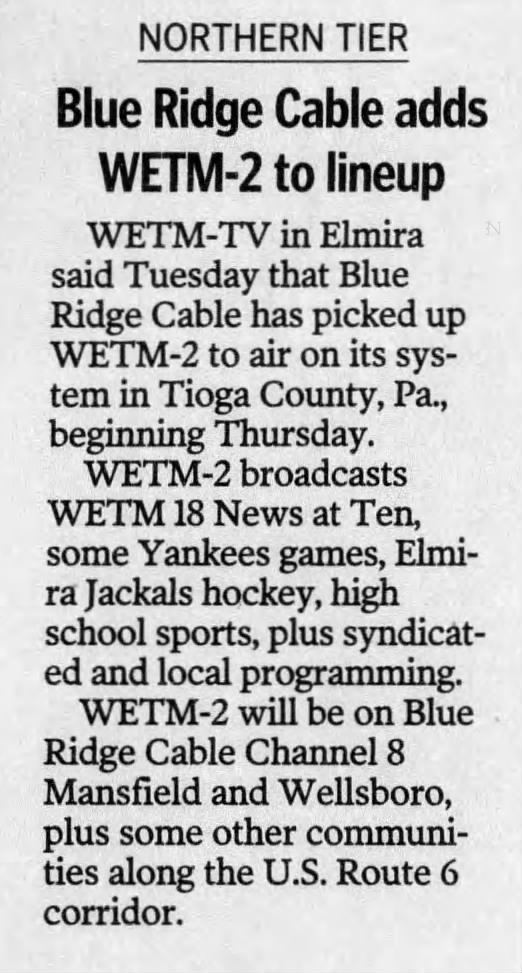 Blue Ridge Cable adds WETM-2 to lineup
