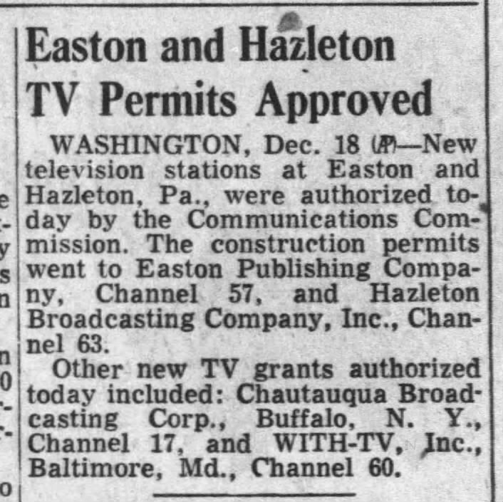 Easton and Hazleton TV Permits Approved