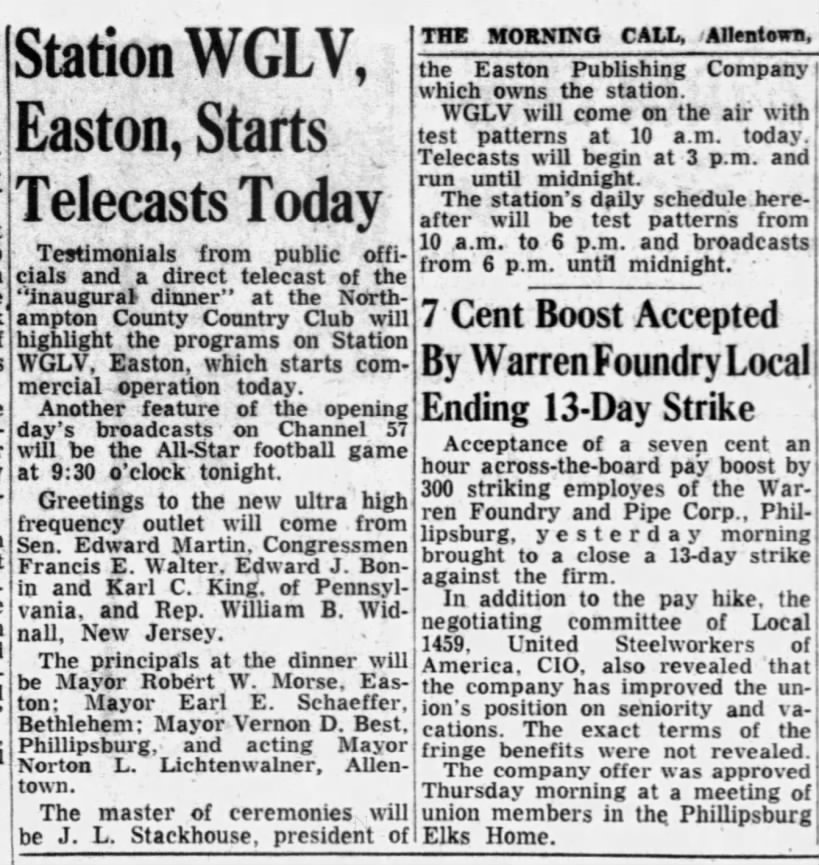 Station WGLV, Easton, Starts Telecasts Today