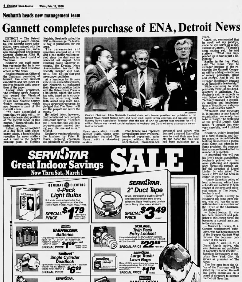 Neuharth heads new management team: Gannett completes purchase of ENA, Detroit News