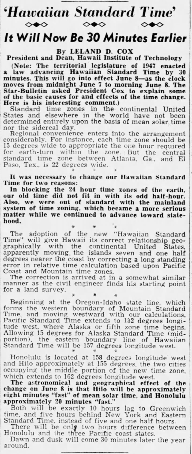 'Hawaiian Standard Time': It Will Now Be 30 Minutes Earlier