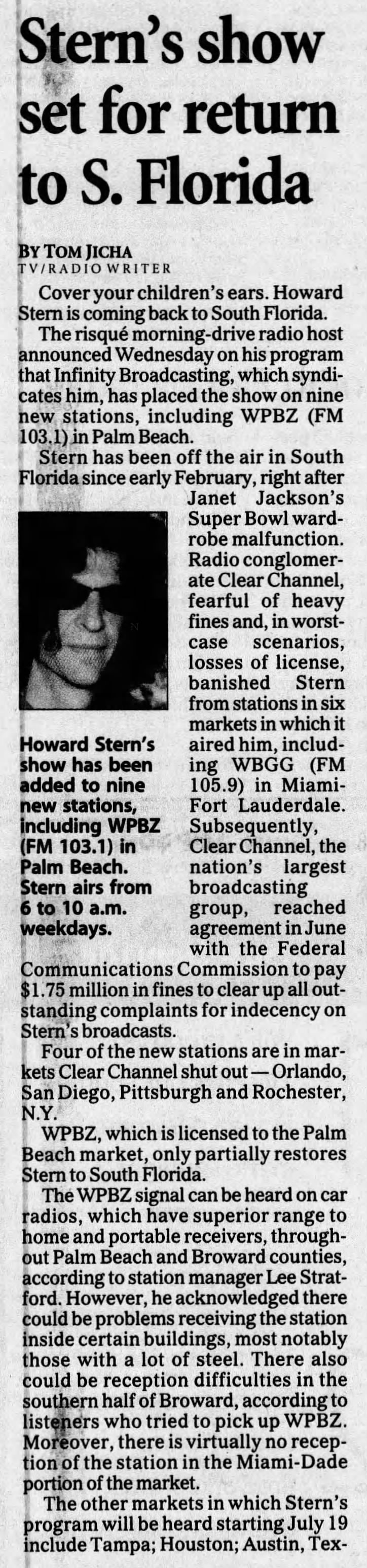 Stern's show set for return to S. Florida