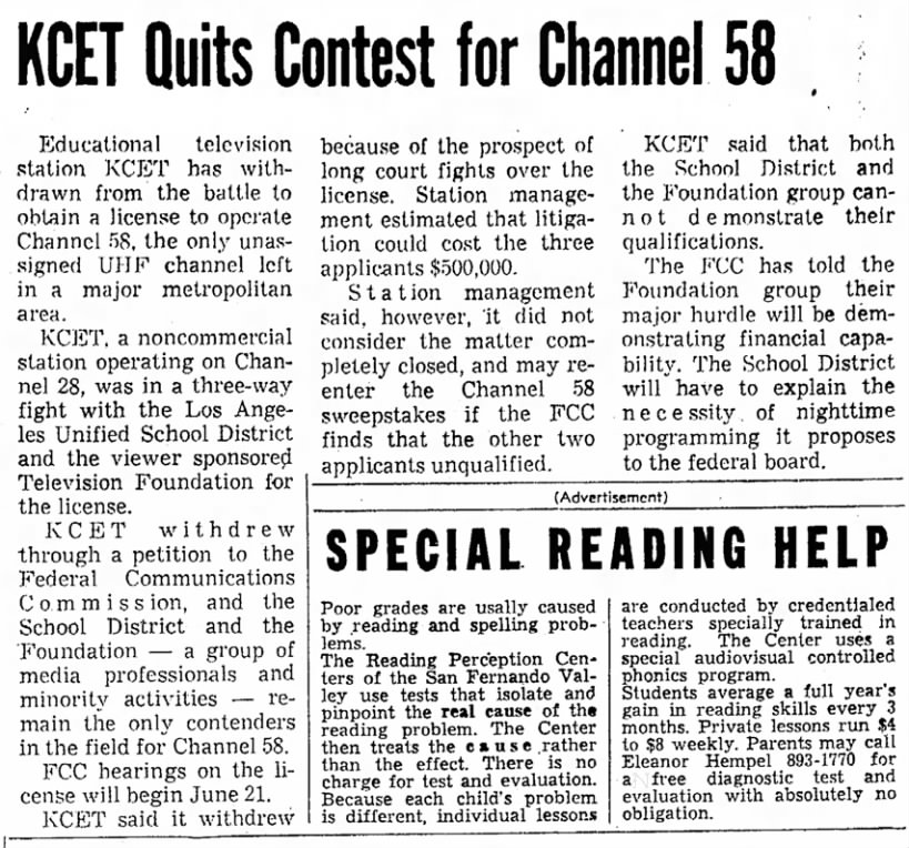 KCET Quits Contest for Channel 58