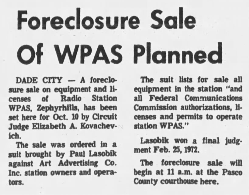 Foreclosure Sale Of WPAS Planned