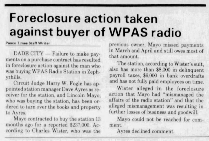 Foreclosure action taken against buyer of WPAS radio