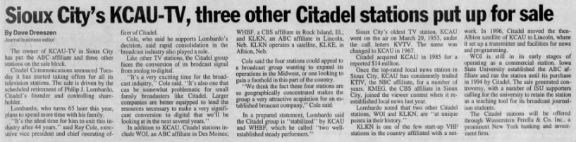 Sioux City's KCAU-TV, three other Citadel stations put up for sale