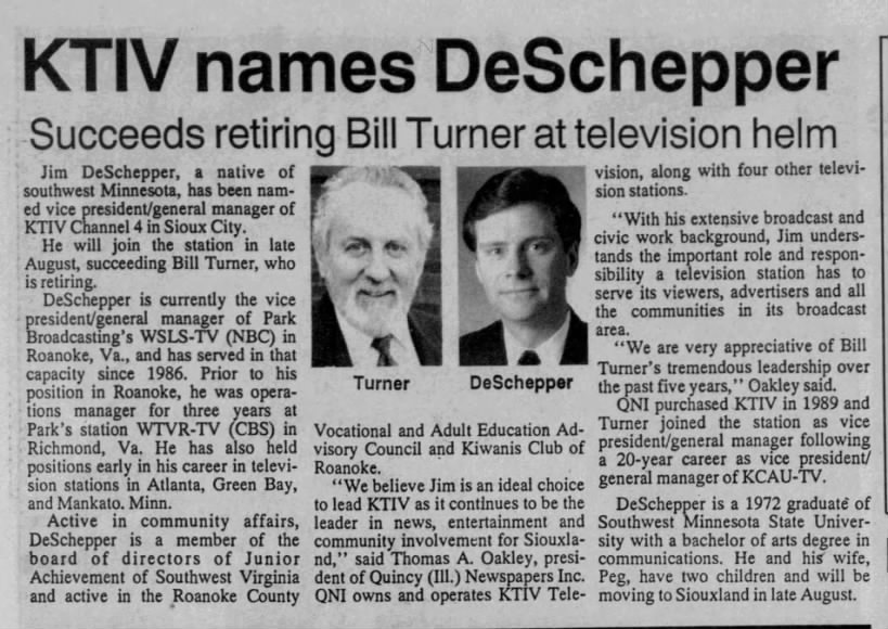 KTIV names DeSchepper: Succeeds retiring Bill Turner at television helm