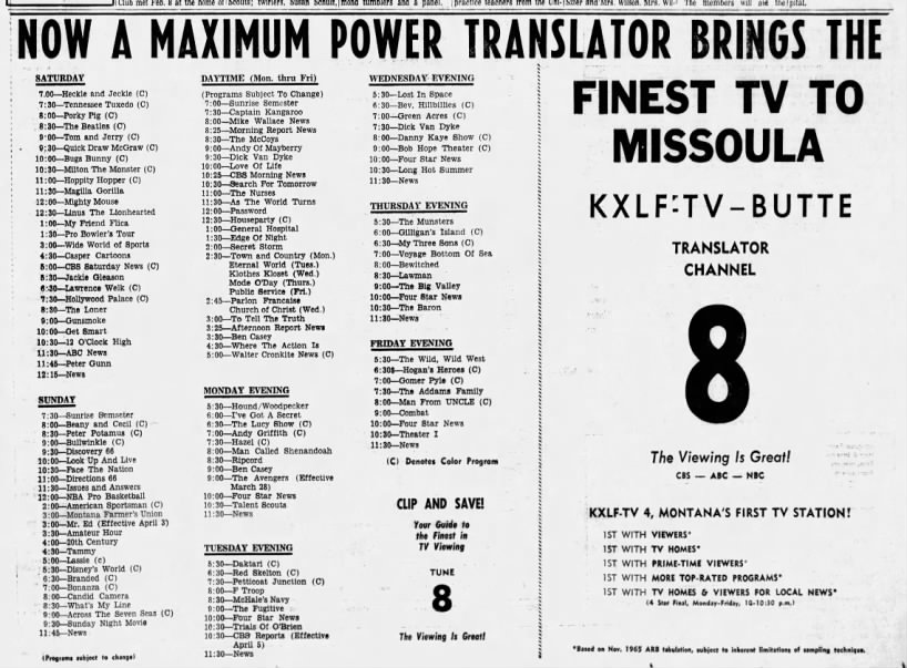 Now a Maximum Power Translator Brings the Finest TV to Missoula: KXLF-TV Butte