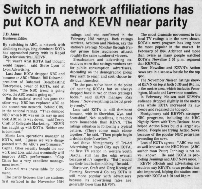 Switch in network affiliations has put KOTA and KEVN near parity
