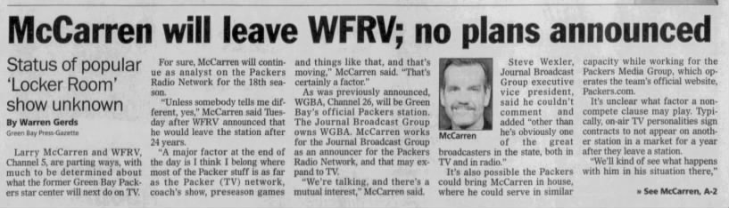 McCarren will leave WFRV; no plans announced