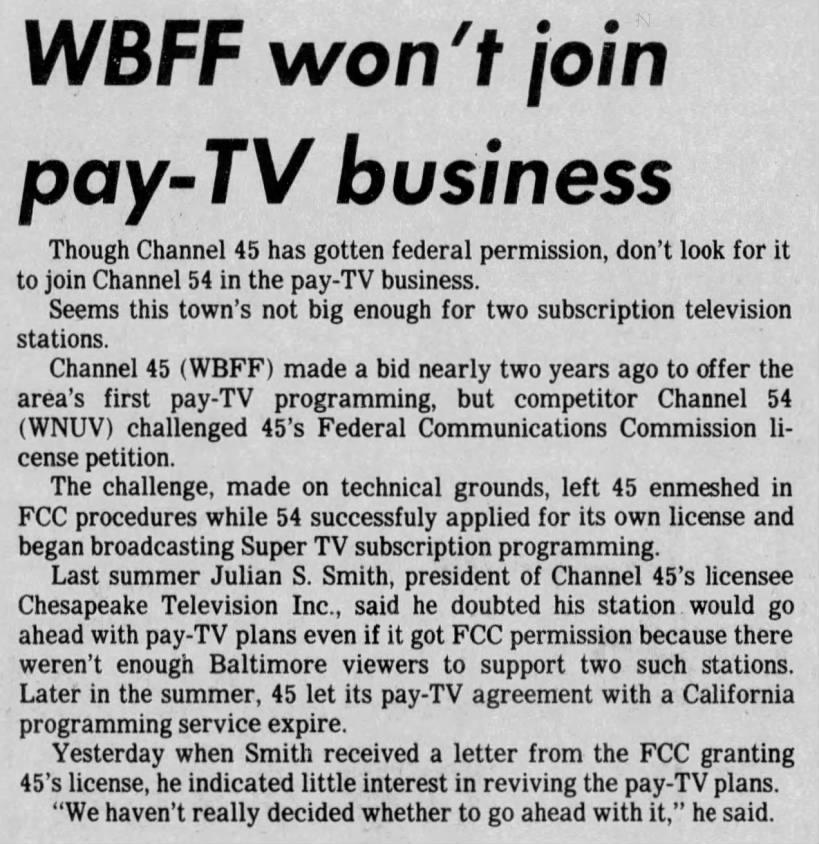 WBFF won't join pay-TV business