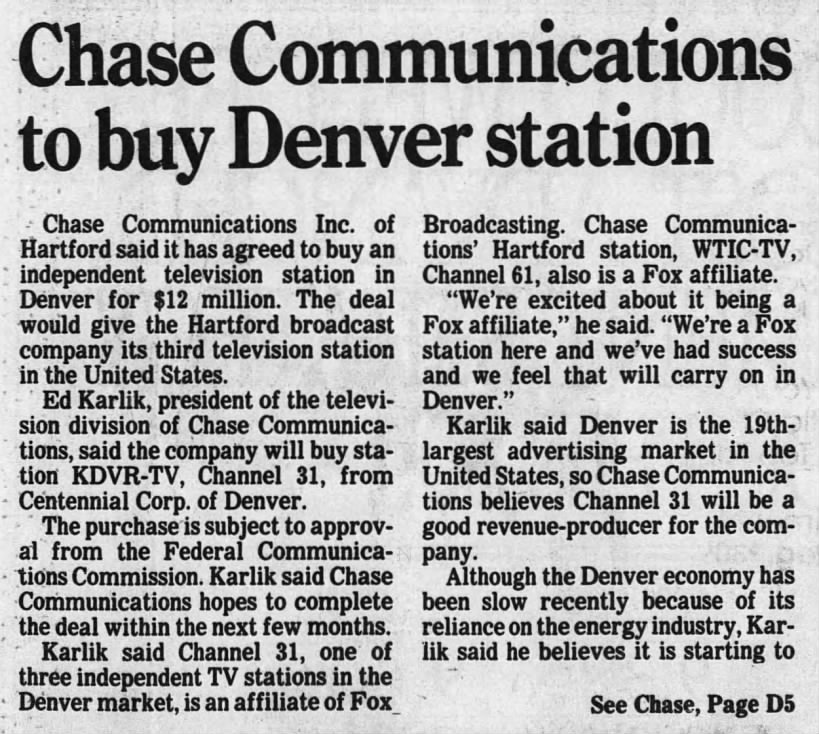 Chase Communications to buy Denver station