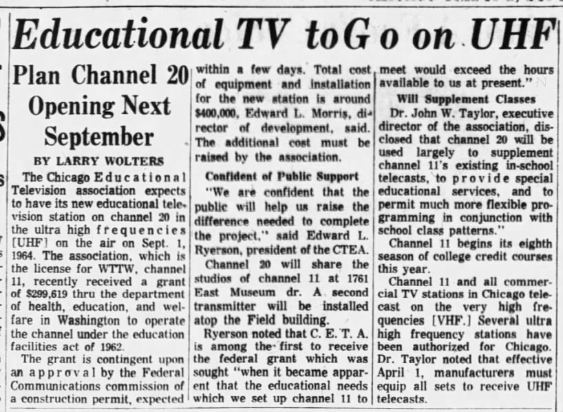 Educational TV to Go on UHF: Plan Channel 20 Opening Next September