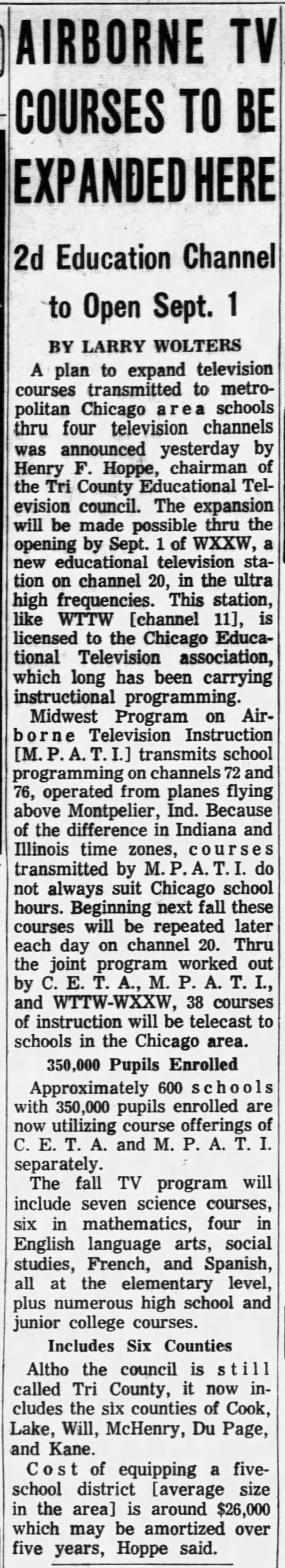 Airborne TV Courses to Be Expanded Here: 2d Education Channel to Open Sept. 1