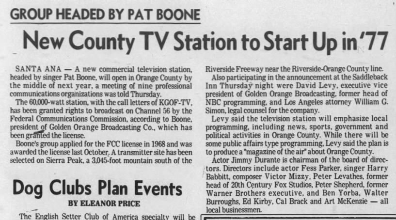 Group Headed by Pat Boone: New County TV Station to Start Up in '77