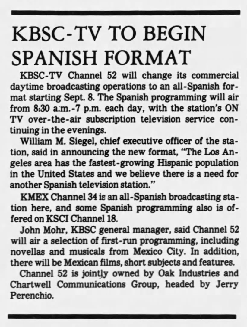 KBSC-TV To Begin Spanish Format