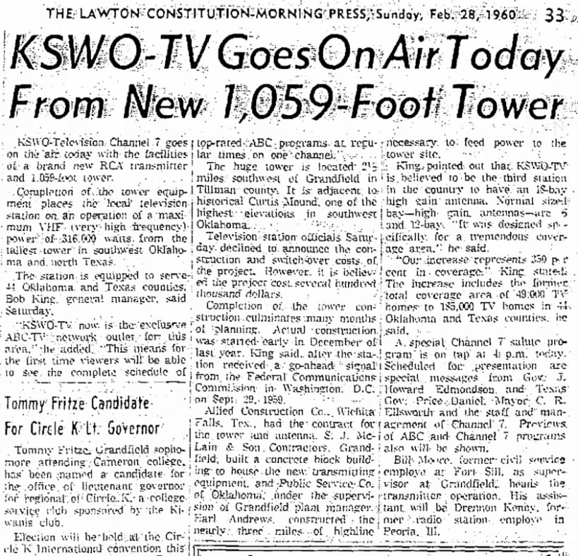 KSWO-TV Goes On Air Today From New 1,059-Foot Tower