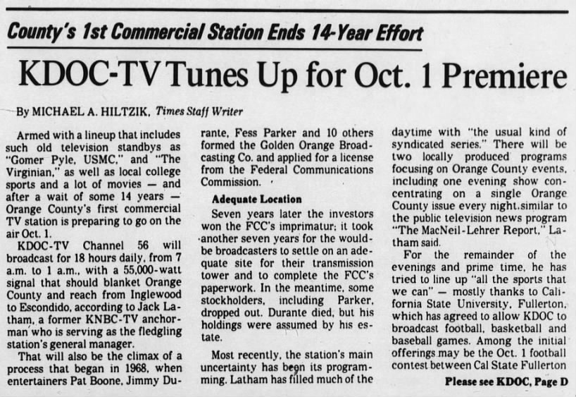 County's 1st Commercial Station Ends 14-Year Effort: KDOC-TV Tunes Up for Oct. 1 Premiere