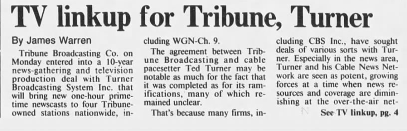 TV linkup for Tribune, Turner