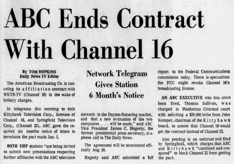 ABC Ends Contract With Channel 16: Network Telegram Gives Station 6 Month's Notice