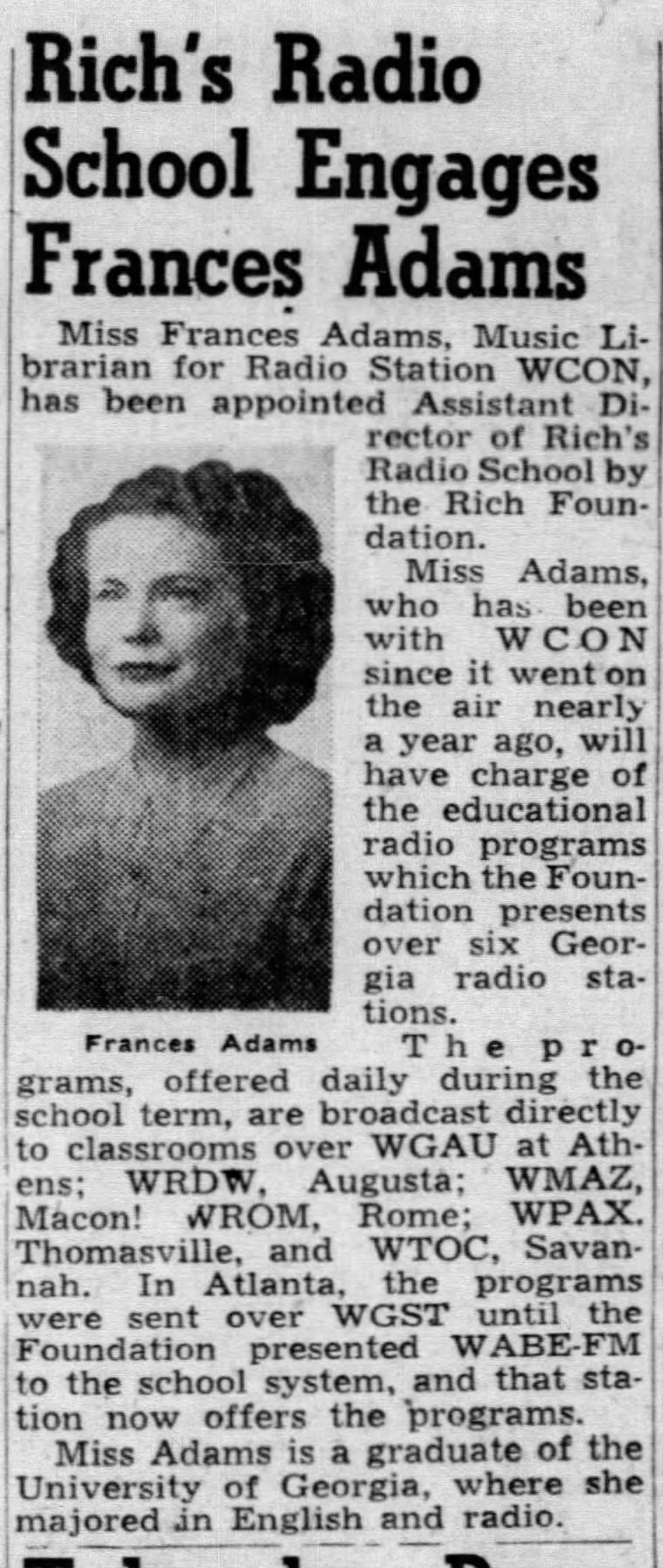 Rich's Radio School Engages Frances Adams