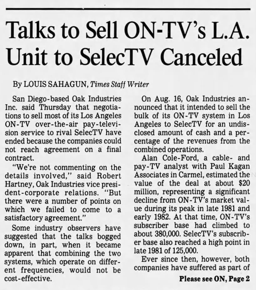 Talks to Sell ON-TV's L.A. Unit to SelecTV Canceled