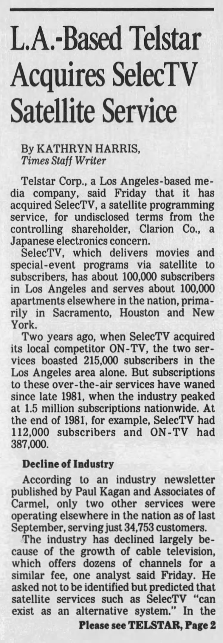 L.A.-Based Telstar Acquires SelecTV Satellite Service