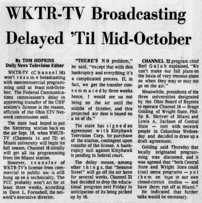WKTR-TV Broadcasting Delayed 'Til Mid-October
