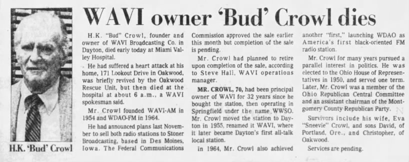 WAVI owner 'Bud' Crowl dies