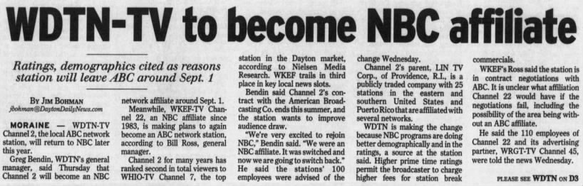 WDTN-TV to become NBC affiliate
