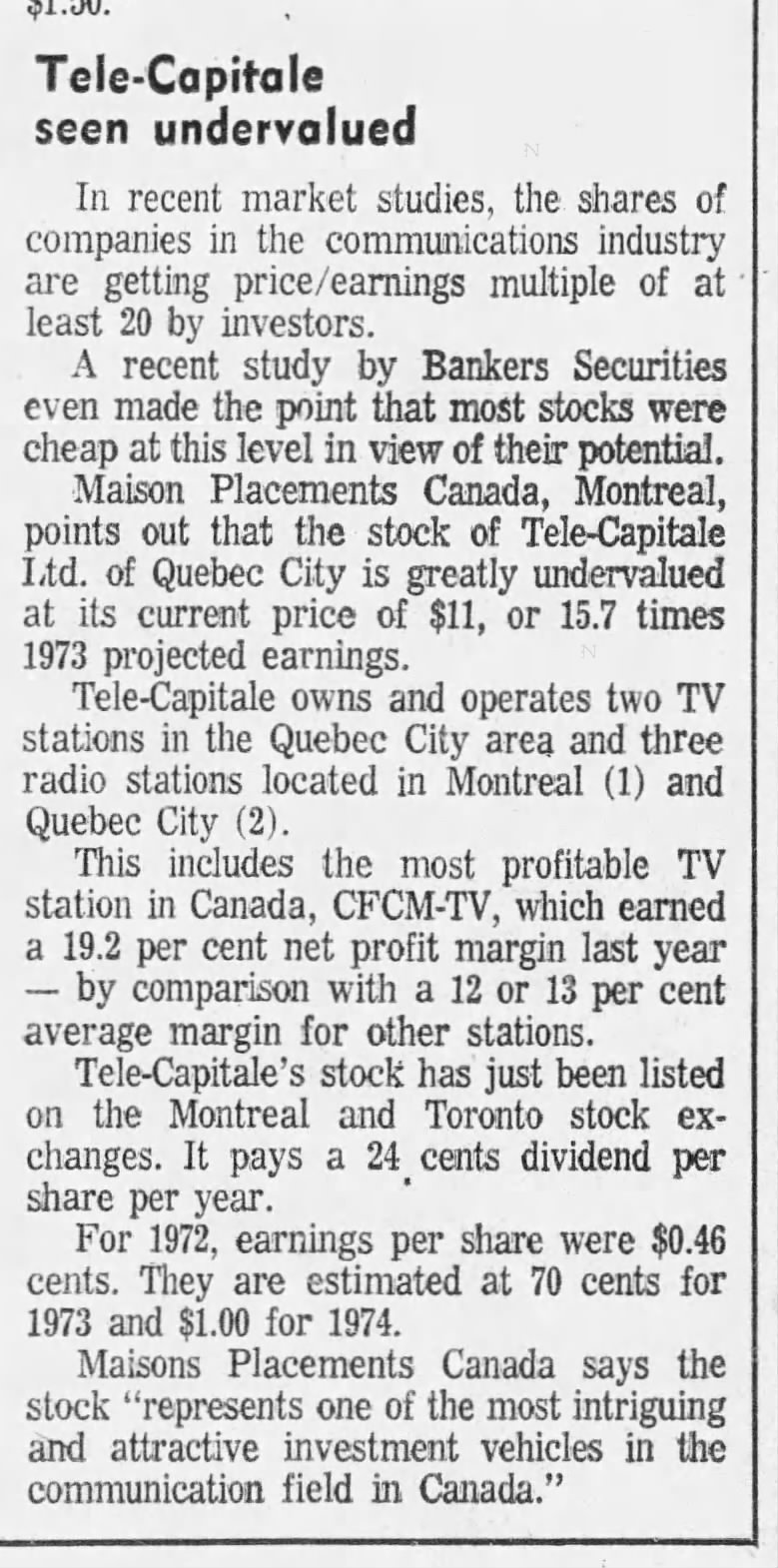 Tele-Capitale seen undervalued